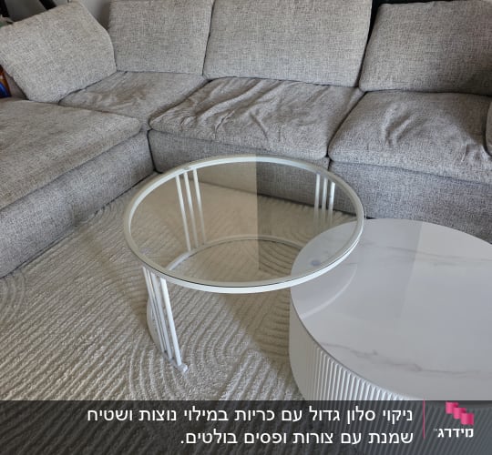 ספה אפורה עם שולחן זכוכית ועגול על שטיח בהיר